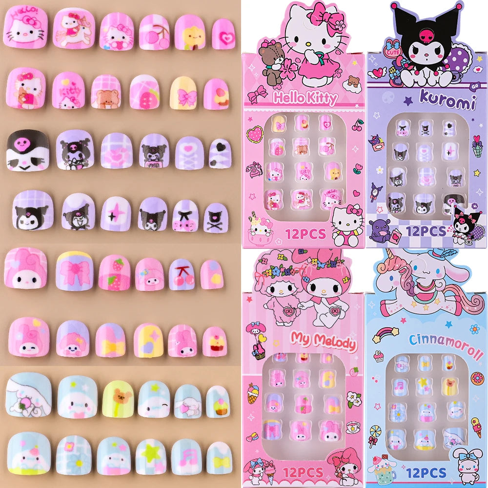 12pcs Kawaii Child My Melody False Nails Tips Hello Kitty Kuromi Cartoon Cute Kids Press On Nails Wearable Acrylic Fake Nails&*#
