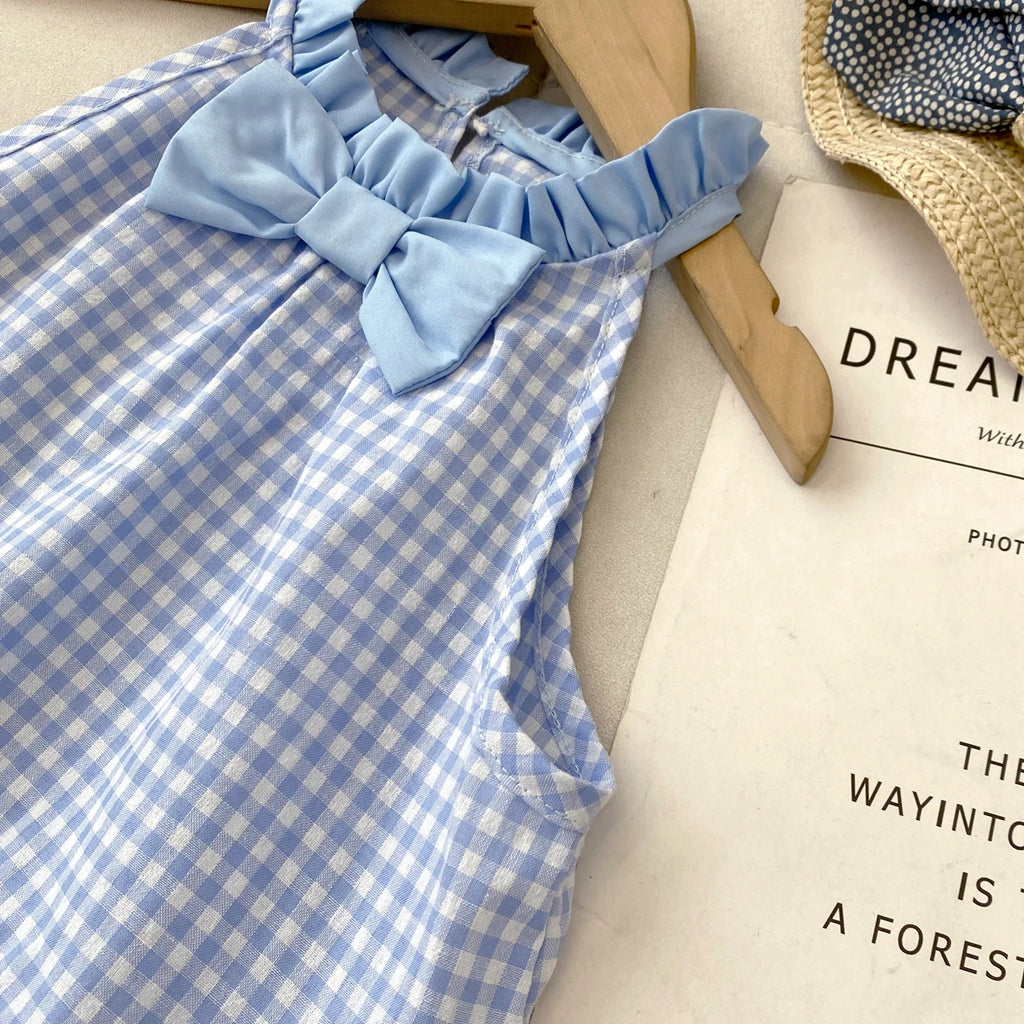 Girls Checkered Bow Halter Dress | Summer Casual Kids Dress