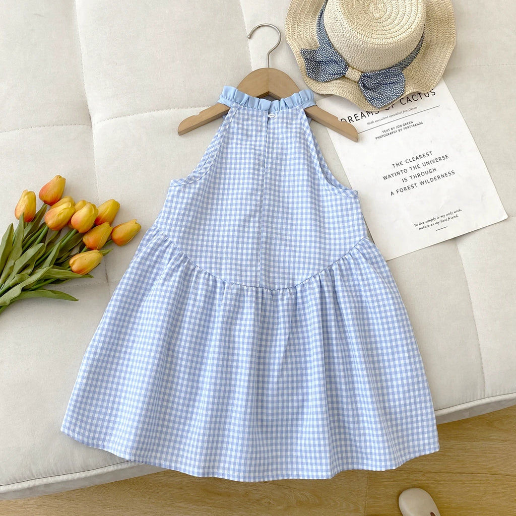 Girls Checkered Bow Halter Dress | Summer Casual Kids Dress