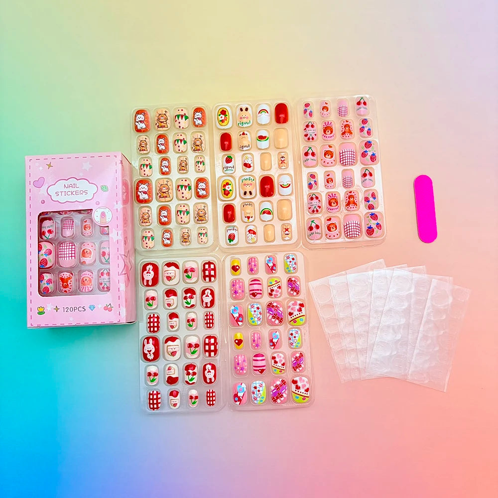 120Pcs/Box Cartoon Children Press On Nails Kawaii Bear Rabbit Cat Design Fake Nail for Kids Girl Gift Wearable False Fingertips