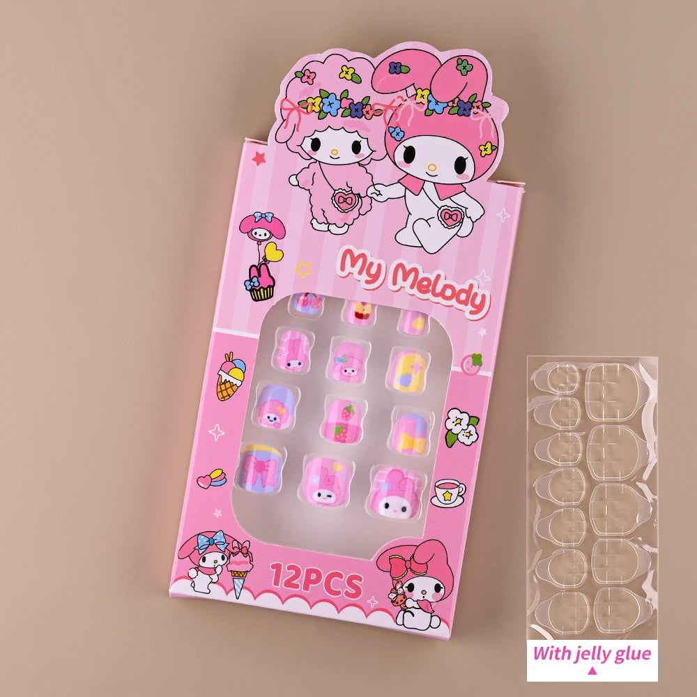 12Pcs Kids Cartoon False Nails Tips 3D Hello Kitty & Kuromi My Melody Kawaii Child Press on Nail Acrylic Nail Wearable Fake Nail