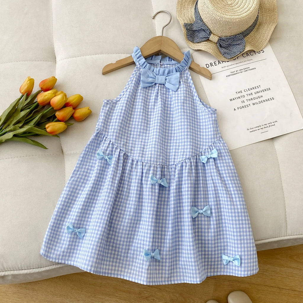 Girls Checkered Bow Halter Dress | Summer Casual Kids Dress