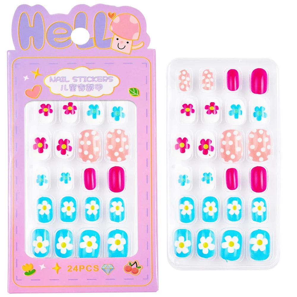 24pcs/box Kids False Nails Press On Cartoon Full Cover Self Adhesive Nail Manicure Tips Candy Color Fake Nails DIY for Children