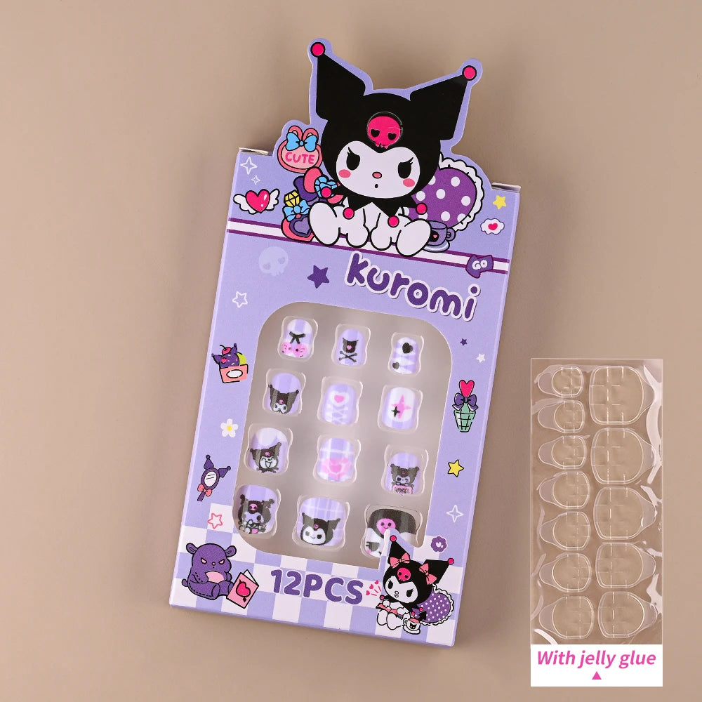 12pcs Kawaii Child My Melody False Nails Tips Hello Kitty Kuromi Cartoon Cute Kids Press On Nails Wearable Acrylic Fake Nails&*#