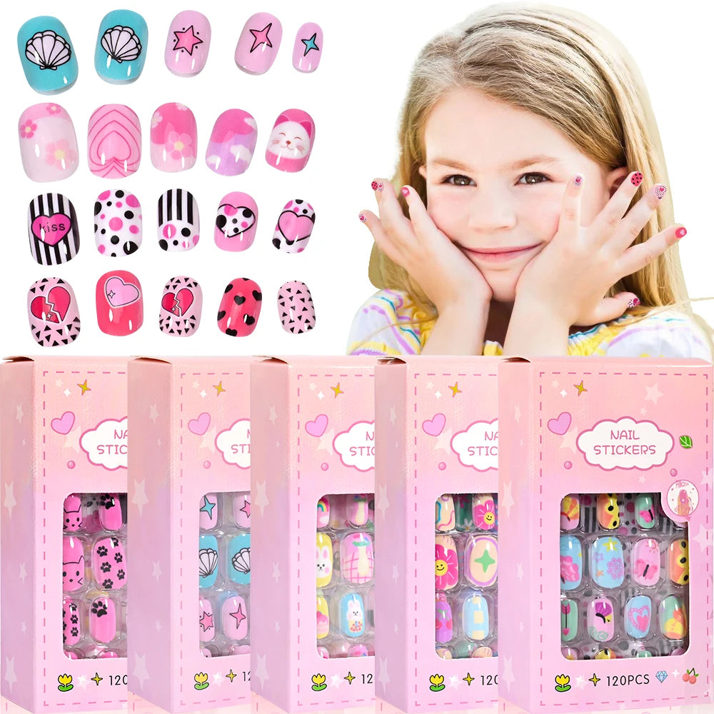 120Pcs Kawaii False Nails Children Press On Cartoon Self-Adhesive Nail Full Cover Short False Manicure Kits Gifts for Kids Girls