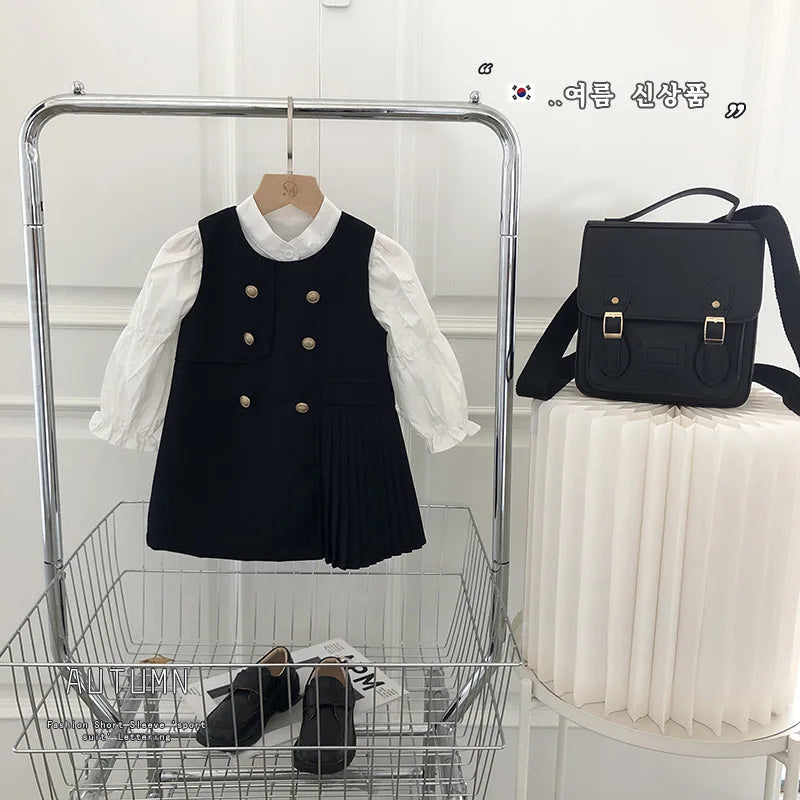 Kids School Dress White 2025 Autumn New Children Long Sleeve Blouse and School Sundress  for 2 To 8 Years Old Girls Clothes Suit
