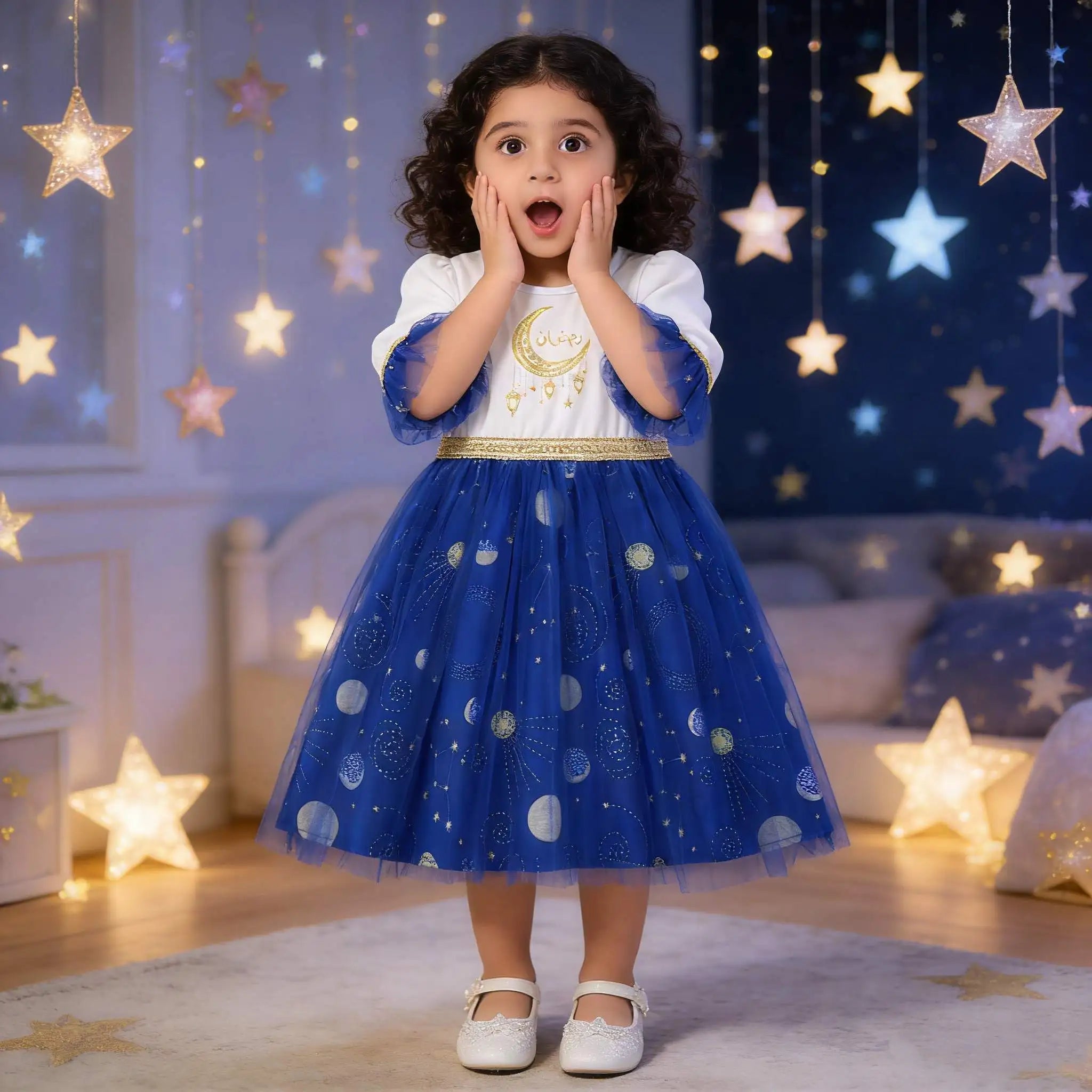 Children Eid Dress Arabian Costumes Middle Eastern Girls Printed Muslim Robe Kids's Fashion Ethnic Style Moroccan Dresses 2-10Y
