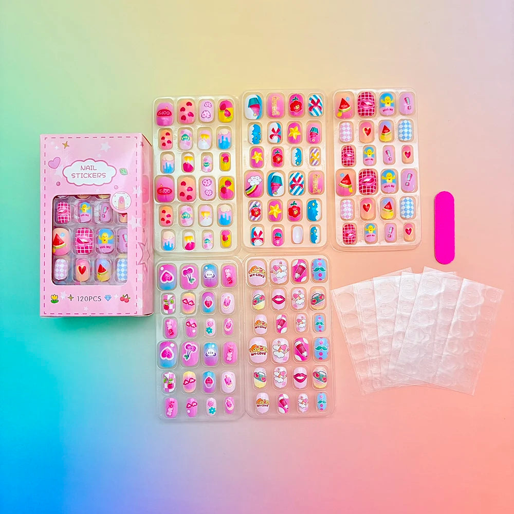 120pcs/Box Cartoon Press on Nails for Girls 5 Styles Wearable Fake Nails Gifts for Children Cute Design Nail Manicure Decoration