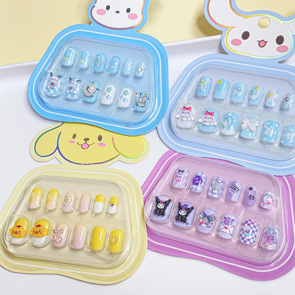 12Pcs Kids Cartoon False Nails Tips 3D Hello Kitty & Kuromi My Melody Kawaii Child Press on Nail Acrylic Nail Wearable Fake Nail