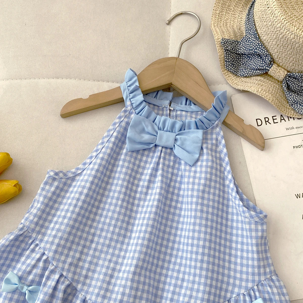 Girls Checkered Bow Halter Dress | Summer Casual Kids Dress